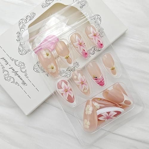 24Pcs Pink Flower Press on Nails Medium Almond Fake Nails 3D Floral with Gold Pearl Glossy Glue on Nails French Tip False Nails Cute Summer Stick on Nails for Women Girls Acrylic Manicure Salon Tips thumbnail 3