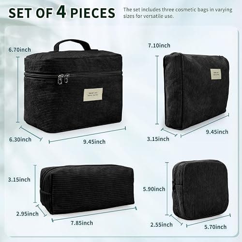 LVWNM 4 Pcs Makeup Bag for Women Corduroy Cosmetic Bag Aesthetic Cute Bags Multi Size Purse Pouch Travel Toiletry Bag Set Makeup Organizer with Zipper(Black) thumbnail 2