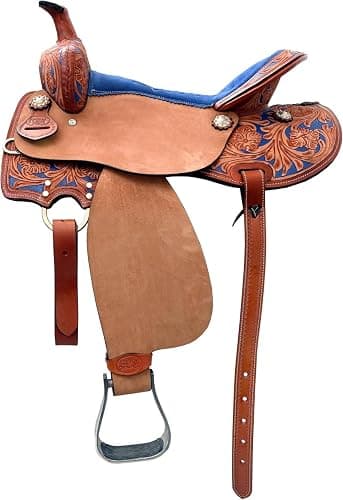 Royal Reins Leather Western Barrel Show Saddle Tan and Blue Dual Color Western Riding Saddle for Horse Durable Leather Comfortable Seat Secure Fit Equestrian Tack thumbnail 2