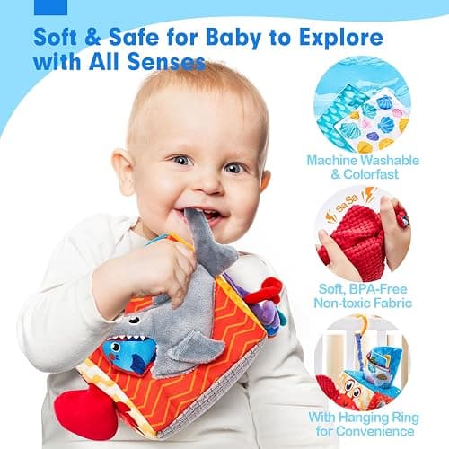 hahaland Baby Tissue Box Toy - Baby Toys 6-12 Months Montessori Toys for 6 Month Old with Textured Tails, Crinkle Tissues, Squeaky, Mirror, Gifts Play Silks Sensoy Scarves for Babies Stocking Stuffers thumbnail 8