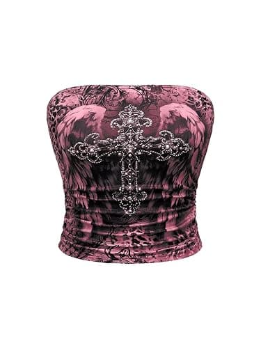 SHENHE Women's Strapless Rhinestone Cross Print Goth Punk Y2k Crop Top | Y2K Tube Top,Ruched,Slim Fit,Gothic Clothes - Image 1