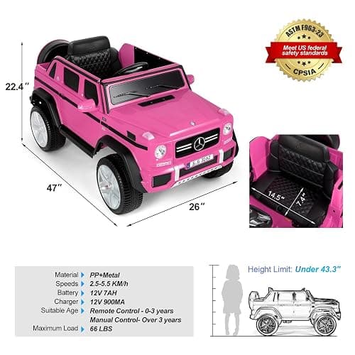 JOYLDIAS Ride On Cars, Licensed Mercedes-Benz Maybach G650S, 12V7AH Battery Powered Toy Electric Car for Kids W/LED Underglow Lights,Remote Control, 2 Motors, 3 Speeds, Music, Bluetooth,Horn,Pink thumbnail 2