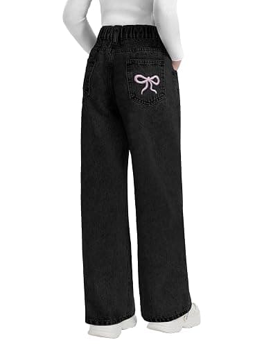 Fulihug Girls Wide Leg Jeans Baggy Bow Embroidery High Elastic Waist Denim Pants Cute Y2K Trendy Tween Streetwear 8-16Y - Image 1