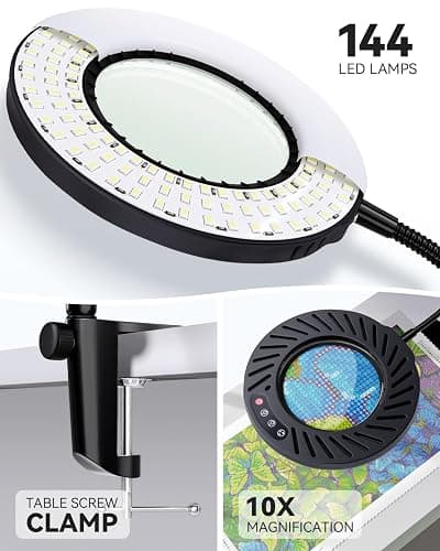 ARTDOT 10X Magnifying Glass with Light and Stand, 144 LEDs Desk Lamp with 5 Color Temperatures and 9 Levels Adjustable Brightness for Diamond Painting Accessories Crafts Reading Hobbies Close Work thumbnail 2