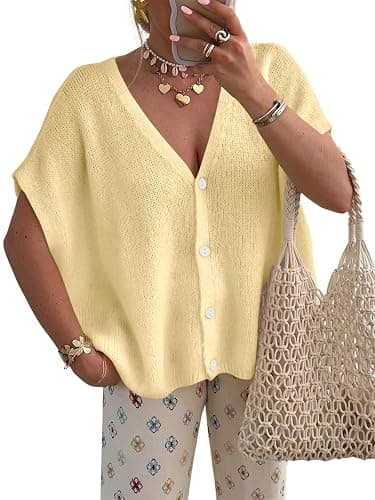 PRETTYGARDEN Womens 2026 Summer Oversized Cardigans Sweaters | Batwing Short Sleeve Lightweight Cardigan, Button V Neck Casual Knit Sweater Tops, Cute Clothes for Travel Vacation Cruise - Image 1