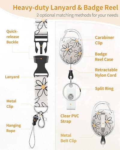 Uniclife Floral Sliding Badge Holder White Flower Plastic Case with Retractable Badge Reel Carabiner Clip & Detachable Lanyard Strap Fashionable Vertical Card Protector for Women Nurse Teacher Student thumbnail 6