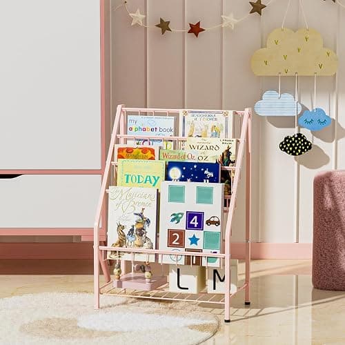 JAQ Bookshelf for Toddlers, 4-Tier Metal Kids Bookshelves Rack with Toy Storage Organizer in Bedroom Study Room Playrooms Nursery for Infants Baby Young Children (4-Tier/ 24.92 inch, Pink) - 4-tier/Pink thumbnail 6