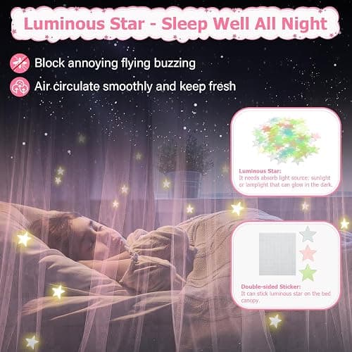 Twin Size Bed Canopy with Lights, Bed Canopy for Girls Princess with Luminous Stars, Canopy Bed Curtains for Twin Bed Kids Indoor Decor Bedroom, 4 Corner Post Bunk Bed for Student Dormitory, Pink thumbnail 4