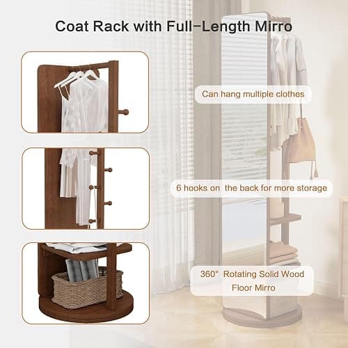 HRVEOCEI Clothes Rack with Full-length Mirror, Swivel Full-Length Mirror & Rotating Mirrors with Storage, Floor Length Mirrors with Hanger and Open Shelves, Space Saver (Walnut, 65.7 * 17.7) thumbnail 6