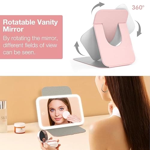 Kintion Travel Makeup Mirror, Portable LED Lighted Makeup Mirror, 360° Rotation Touch Screen Vanity Mirror, 60 LEDs, 3-Color Dimmable Lighting, Rechargeable Tabletop Folding Cosmetic Mirror, Pink thumbnail 5