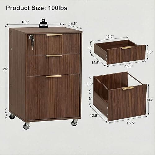 INNOD 3 Drawer Fluted Mobile File Cabinet with Lock, Rolling File Cabinet, Under Desk Wooden Filing Cabinets for Home Office (Walnut) thumbnail 2