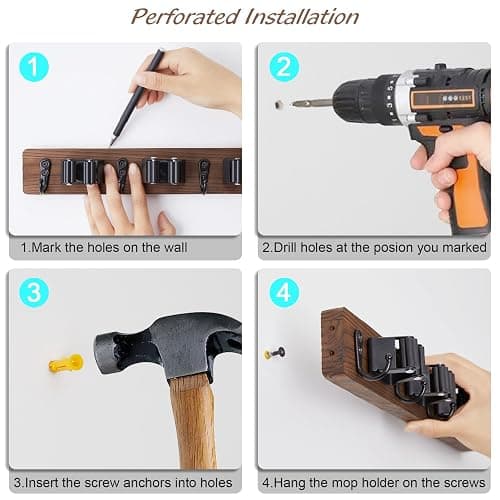 OUTNILI Mop and Broom Holder Wall Mount - Rustic Wood Broom Mop Hanger - Wall Mounted Garden Tool Rack Organizer for Closet Garage Laundry Room Kitchen Decor With 4 Slots & 4 Hooks thumbnail 7