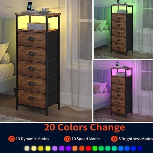 sthmec Nightstand with Charging Station,LED Night Stand with 5 Fabric Drawers, Bedside End Tables, 2-Tier Open Storage Shelf Side Table Nightstands with Drawers for Bedroom,Rustic Brown thumbnail 6