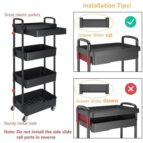 Calmootey 4-Tier Rolling Utility Cart with Drawer,Multifunctional Storage Organizer with Plastic Shelf & Metal Wheel,Storage Cart for Kitchen,Bathroom,Living Room,Office,Black thumbnail 6
