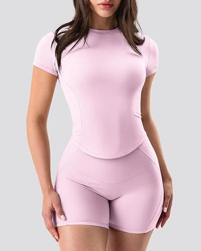 GYM RAINBOW Short Sleeve Workout Tops for Women, Cropped Workout Shirts Slim Fit Crew Neck Athletic Gym Running T Shirts thumbnail 4