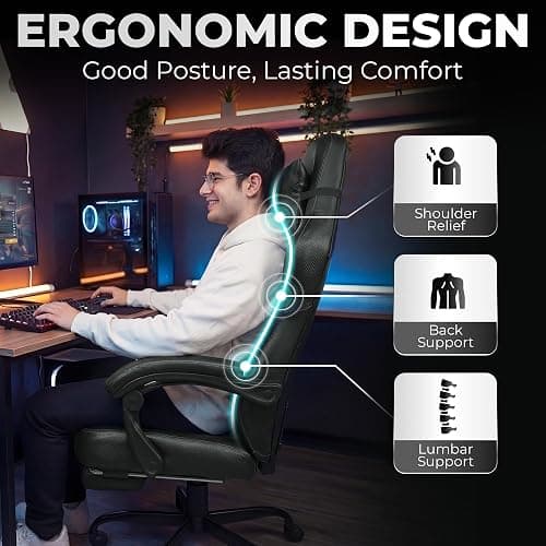 N-GEN GAMING Gaming Chair Big and Tall Computer Heavy Duty Office Desk Chair with Footrest Ergonomic Lumbar Support High Back Recliner for Adults (Dark Black) thumbnail 7