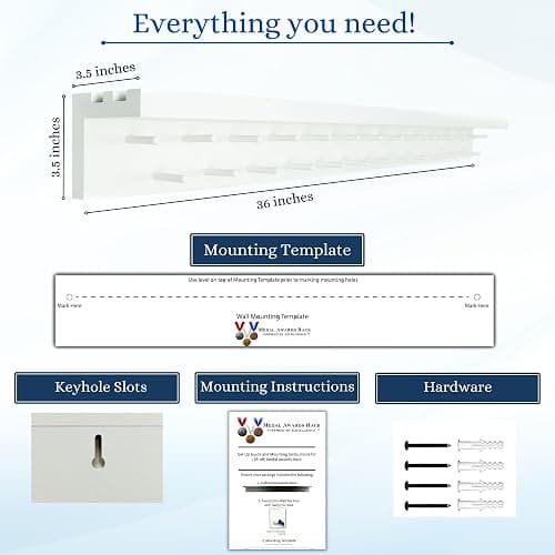 3ft Medal Hanger Display for Wall — Trophy Shelf with Hooks for Medals — 36" Solid Wood — Holds 30+ Medals + Cased Medals for Running, Gymnastics, Cheer, Karate — White- Medal Awards Rack thumbnail 2