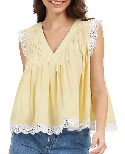 CUFEZN Womens 2026 Summer Vacation Peplum Top Sleeveless Ruffled Lace Trim V Neck Y2K Babydoll Going Out Tops thumbnail 2
