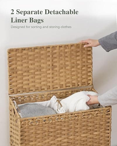 SETVSON Laundry Hamper with Lid, 112 L Handwoven Rattan Wicker Laundry Basket, 2 Removable Liner Bags Metal Heightened Feet, 6 Mesh Bags, 2 Section Large Clothes Hamper for Bathroom Bedroom, Natural thumbnail 5