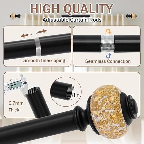 Curtain Rods for Windows,1 Inch Adjustable Window Curtain Rod, Curtain Rod Set with Luxury Crystal Translucent Finials for Bedroom, Living Room (Black Gold, 28-52 in) thumbnail 4