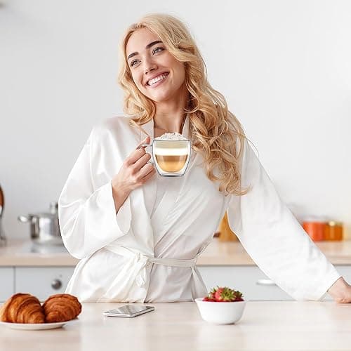 Osrioal Double Walled Glass Mugs, 4 x 250ml Glass Coffee Mugs, Heat Resistant Coffee Cups, Clear Coffee Glasses with Handle, for Cappuccino Tea Milk Latte Juice ﻿ thumbnail 5