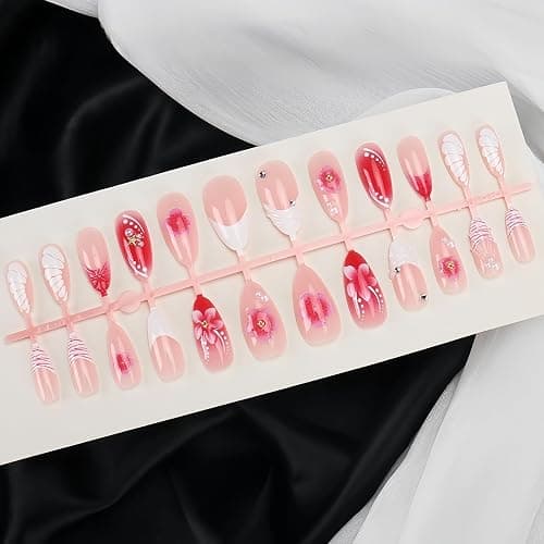 24Pcs Pink Press on Nails Medium Almond Fake Nails with 3D Flower Designs Stick on Nails Pink Gradient False Nails Spring Summer Floral Acrylic Nails Starfish Reusable Glossy Acrylic Nails for Women thumbnail 3