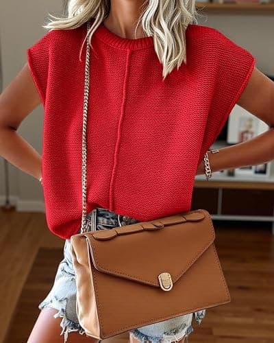 Saodimallsu Womens Summer Cap Sleeve Tops Casual Crew Neck Loose Fit Knit Lightweight Sweater Pullover Top thumbnail 3