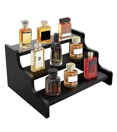 Wooden Cologne Organizer for Men, Perfume Organizer Stand, Cologne Stand with Anti-Slip Washers, Wooden Display Risers Stand for Figures, Fragrances, Dessert, Cupcake, Makeup (Black, 3-tier-9.4in) - Image 1