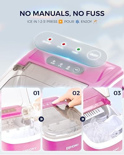 EUHOMY Countertop Ice Maker Machine with Handle, 26lbs Per Day, 9 Ice Cubes Ready in 6 Mins, Auto-Cleaning Portable Ice Maker with Basket and Scoop, for Home/Kitchen/Camping/RV (Pink) - ICE MACHINE - 11.57"D x 11.42"W x 8.74"H - Pink thumbnail 7