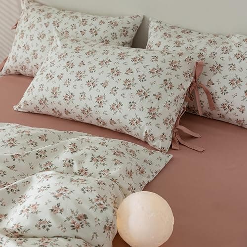 Pink Flower Duvet Cover Set Twin Soft Cotton Peach Floral Comforter Cover Girls Cottagecore Bedding Set Boho Floral Duvet Cover Vintage Country Bedding Flower Botanical Duvet Cover with Zipper Closure thumbnail 9