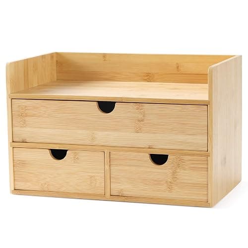 Wisuce Bamboo Desk Organizer, Mini Desktop Drawer Tabletop Storage Organization Box for Office Home Toiletries Supplies Vanity, No Assembly Required (3 Drawer with Shelf) - Image 1