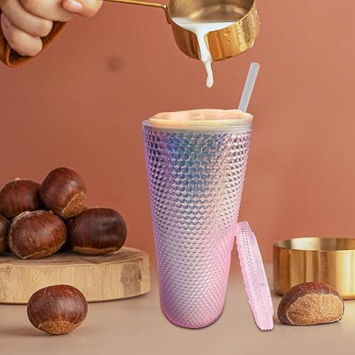 Studded Tumbler With Straw Tumblers With Lids And Straws Pink Tumbler With Straw Textured Cup BPA-Free Double-Wall Plastic Tumblers for Iced Coffee Cold Drinks or Water 24 Oz thumbnail 7