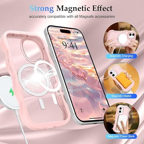 Pepmune for iPhone 16 Case, Curly Wavy Frame Hard Translucent Matte Clear Back Cover for Women Men Compatible with Magsafe TPU Bumper Shockproof Drop Protection Phone Case for iPhone 16, Pink thumbnail 3