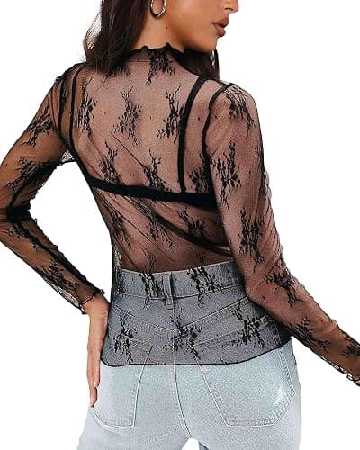 OFEEFAN Womens Long Sleeve Mesh Top See Through Mock Neck Sheer Blouses thumbnail 4