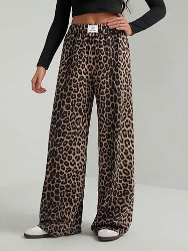 GORGLITTER Women's Cheetah Print Pants Leopard Wide Leg Sweatpants | Straight Leg Sweats, Elastic High Waisted Pants, Animal Print Trousers, Baggy Bottom, Fall Outfits thumbnail 3