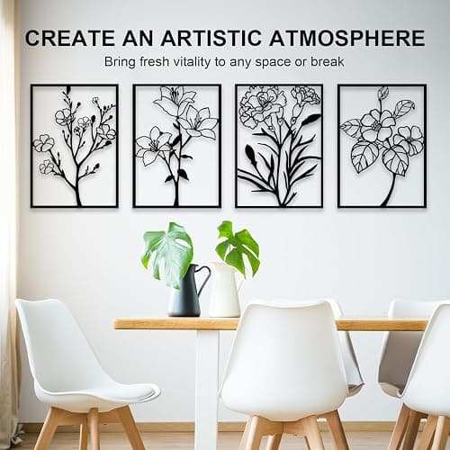 ZNZAPO 4 Pcs Black Metal Flower Wall Art, Abstract Line Art Wall Decor, Minimalist Floral Wall Hanging Art, 3d Wall Art Sculptures Decor for Living Room Bedroom Bathroom (11 × 15.7”) thumbnail 4