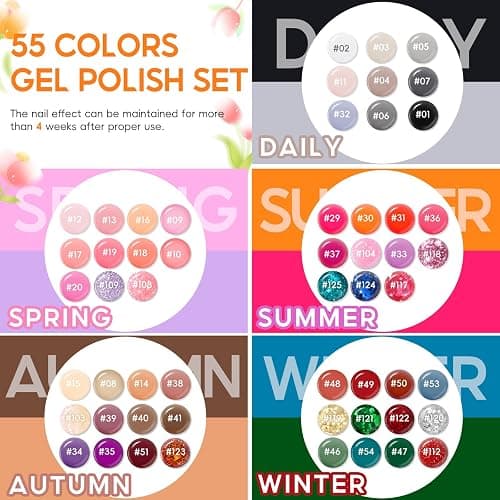 COSCELIA 60 PCS Gel Nail Polish Set, 55 Colors Gel Nail Polish with 5pcs Top Base Coat All Seasons Nail Polish Kit Winter Spring Full Colors Manicure Nail Art Valentines Gifts for Women Teens Girls thumbnail 2