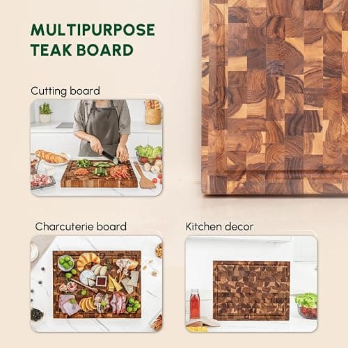 BEEFURNI Teak Wood End Grain Cutting Board (S, 16x12x1.5"), Wooden Cutting Boards for Kitchen with Juice Groove Hand Grip Small, Charcuterie Boards, Serving Board, Christmas Gifts, 1-Year Warranty thumbnail 3