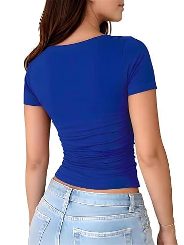 ForeFair Women's V Neck Going Out Tops Double Lined Short Sleeve Ruched Slim Fitted Shirts Basic Tee thumbnail 4