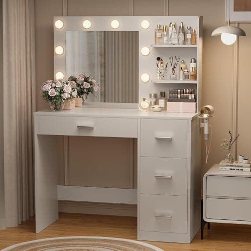 YESHOMY Vanity Desk with Mirror, 10 Lights, Power Outlet and 3 Storage Shelves, Makeup Table with 4 Drawers, 3 Color Modes, for Bedroom, White thumbnail 3