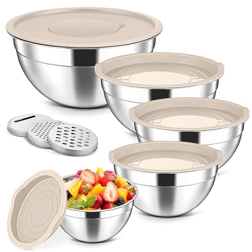 Herogo 5-Piece Mixing Bowls with Lids, 3 Grater Attachments, Stainless Steel Salad Bowls for Kitchen, Size 4.6, 3.5, 2.5, 2, 1.5QT Ideal for Baking, Prepping, Mixing and Serving, Khaki - Image 1