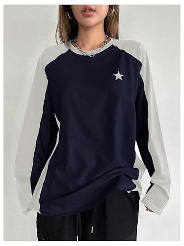 SHENHE Women's Color Block Crew Neck Star Graphic Raglan Shirt Loose Long Sleeve Tee Top thumbnail 3