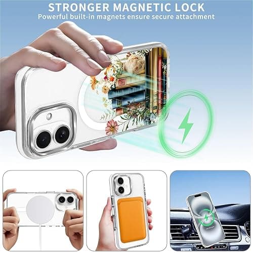 MQJCYB Magnetic Case for iPhone 16 Design On Clear Base, Compatible with MagSafe, Slim Protective Soft TPU Bumper Phone Cover Women Girls Case for iPhone 16 -Clear Book Lover Flower thumbnail 4