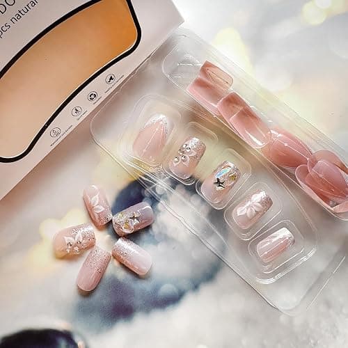 DZPGUONIZ 24pcs Short Square Press on Nails French Tip Fake Nails White Flower with Star Design Glitter False Nails Luxury Nail Charms Crafts White Stripes Glue on Nails for Women Manicure Tips thumbnail 4