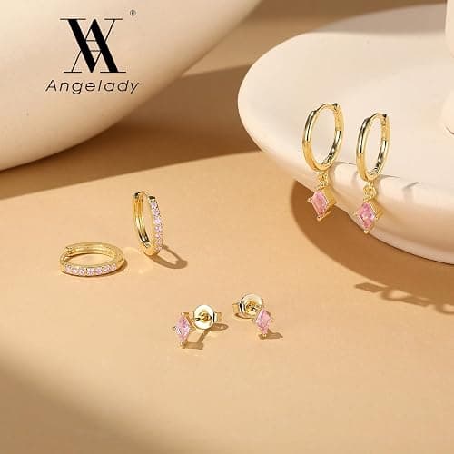 3 Pairs 925 Sterling Silver Colored CZ Hoop Earrings Set for Women | Hypoallergenic Comfort, Huggie, Dangle and Stud Styles for Multiple Piercings, Dainty Ear Stack, Gift for He thumbnail 2