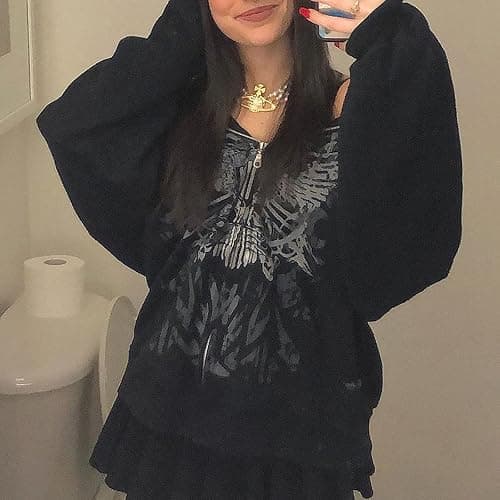 Juakoso Y2k Women Zip Up Hoodie Sweatshirt Rhinestone Skeleton Printing Long Sleeve Oversized Jacket Pullovers Fall Coats thumbnail 2