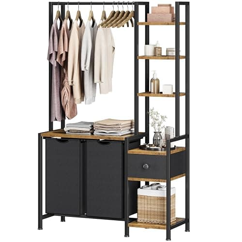 Creso hom Laundry Hamper with Shelf, 5 Tiers Tall Laundry Basket Sorter with 2 Pull-Out and Removable Bags, Clothes Rack with Laundry Sorter for Laundry Room Bathroom Bedroom, Rustic Brown - Image 1