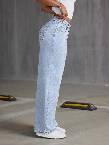 Peakpride Jeans for Teens Girls Baggy Wide Leg Elastic Waist Bowknot Embroidery Denim Pants Y2K Trendy Streetwear 12-16Y - Light Wash - 14 Years thumbnail 3