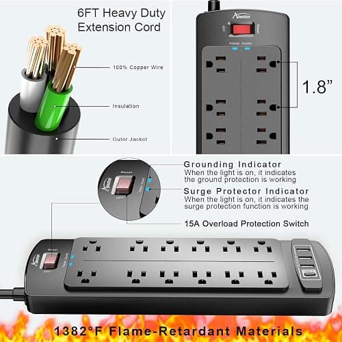 Power Strip, ALESTOR Surge Protector with 12 Outlets and 4 USB Ports, 6 Feet Extension Cord (1875W/15A), 2700 Joules, ETL Listed, Black thumbnail 5