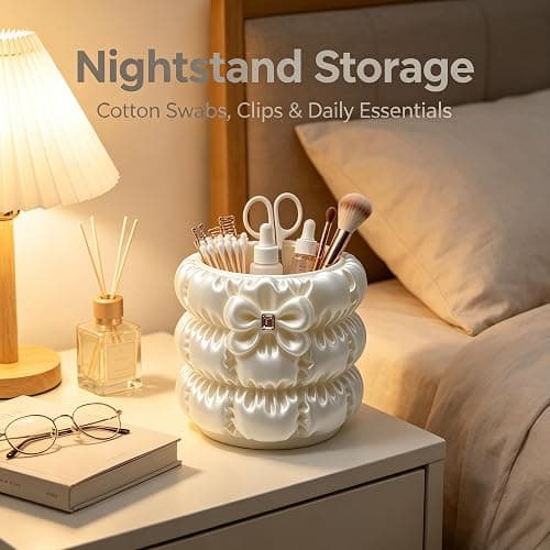 Cute Bow Makeup Brush Holder Coquette Pearl White Vanity Pen Cup Organizer | Clean Girl Aesthetic Vanity Cup,4" Space-Saving Desktop Caddy,Satin Luster Texture,Aesthetic Cosmetics Brush Holder thumbnail 5